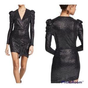 O.P.T x Anthropologie Sequin Lantern  Long Sleeve V neck Wrap Mini Dress. size M